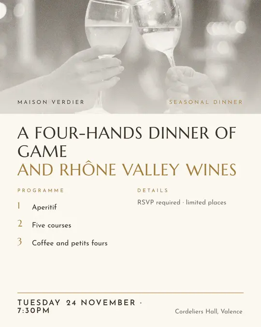 Sample flyer, "Programme · Golden ivory" template, Dinner & reception: "A four-hands dinner of game and Rhône valley wines"