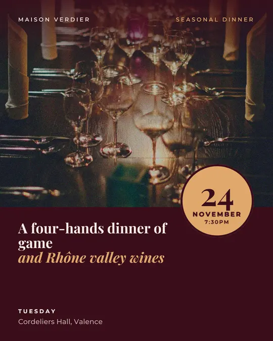 Sample flyer, "Seal · Burgundy and copper" template, Dinner & reception: "A four-hands dinner of game and Rhône valley wines"