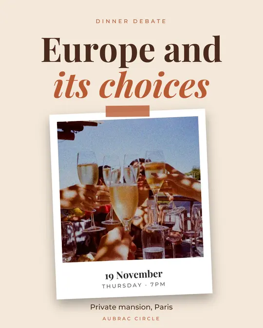 Sample flyer, "Print · Sand and terracotta" template, Dinner & reception: "Europe and its choices"