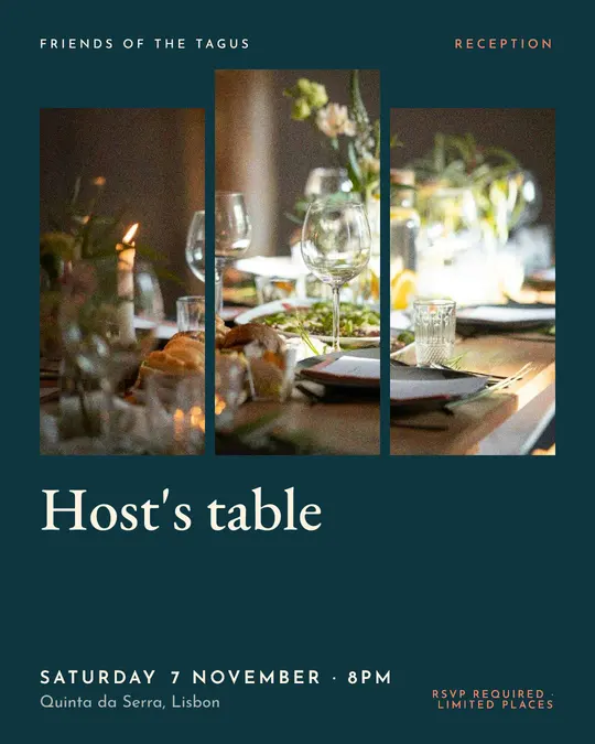 Sample flyer, "Triptych · Teal and coral" template, Dinner & reception: "Host's table"