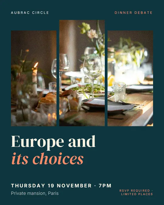 Sample flyer, "Triptych · Teal and coral" template, Dinner & reception: "Europe and its choices"