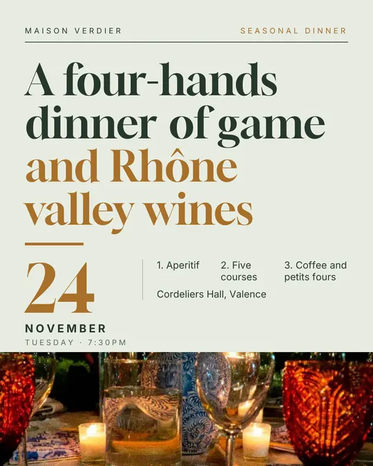 Sample flyer, "Typographic · Sage and ochre" template, Dinner & reception: "A four-hands dinner of game and Rhône valley wines"