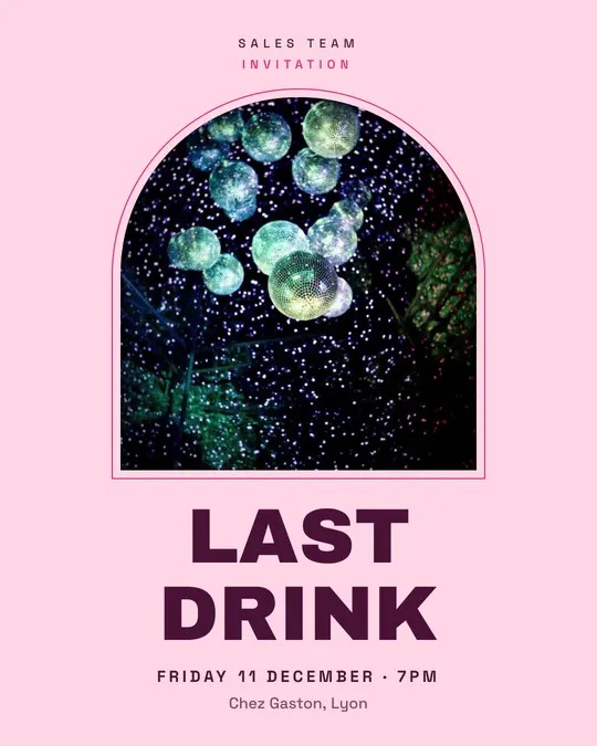 Sample flyer, "Arch · Candy pink" template, Party & afterwork: "Last drink"