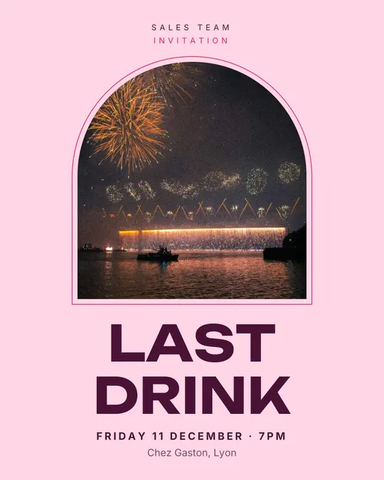 Sample flyer, "Arch · Candy pink" template, Party & afterwork: "Last drink"