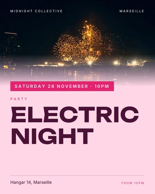 Sample flyer, "Banner · Candy pink" template, Party & afterwork: "Electric night"