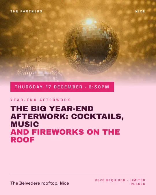 Sample flyer, "Banner · Candy pink" template, Party & afterwork: "The big year-end afterwork: cocktails, music and fireworks on the roof"