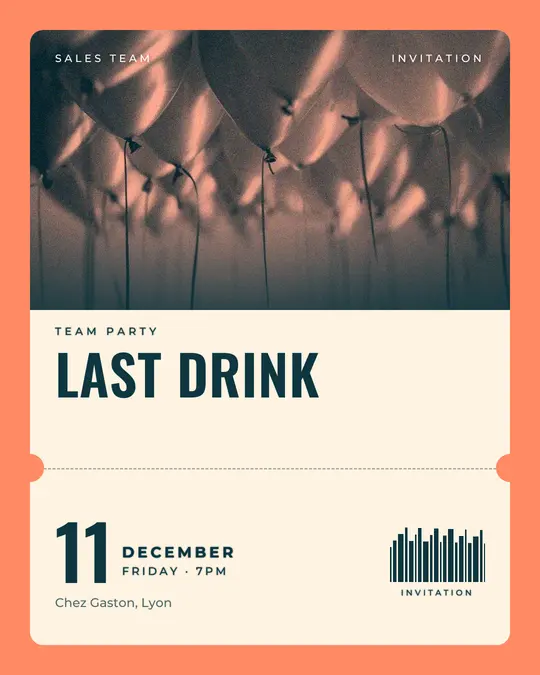 Sample flyer, "Ticket · Teal and coral" template, Party & afterwork: "Last drink"