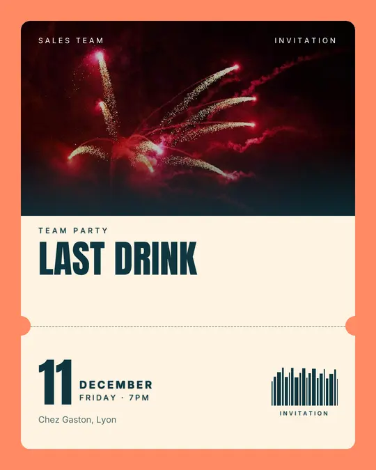 Sample flyer, "Ticket · Teal and coral" template, Party & afterwork: "Last drink"