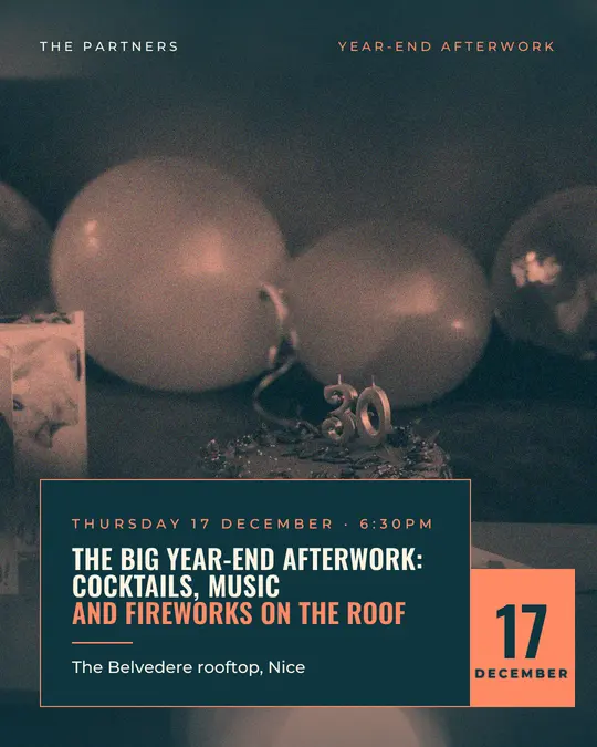 Sample flyer, "Laid card · Teal and coral" template, Party & afterwork: "The big year-end afterwork: cocktails, music and fireworks on the roof"