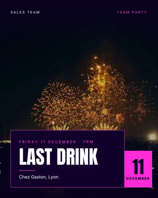 Sample flyer, "Laid card · Neon violet" template, Party & afterwork: "Last drink"