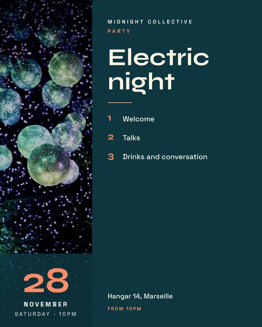 Sample flyer, "Column · Teal and coral" template, Party & afterwork: "Electric night"