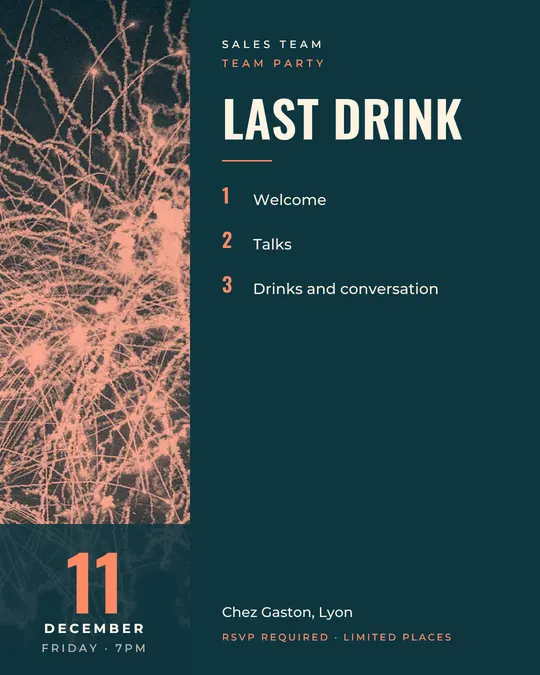Sample flyer, "Column · Teal and coral" template, Party & afterwork: "Last drink"
