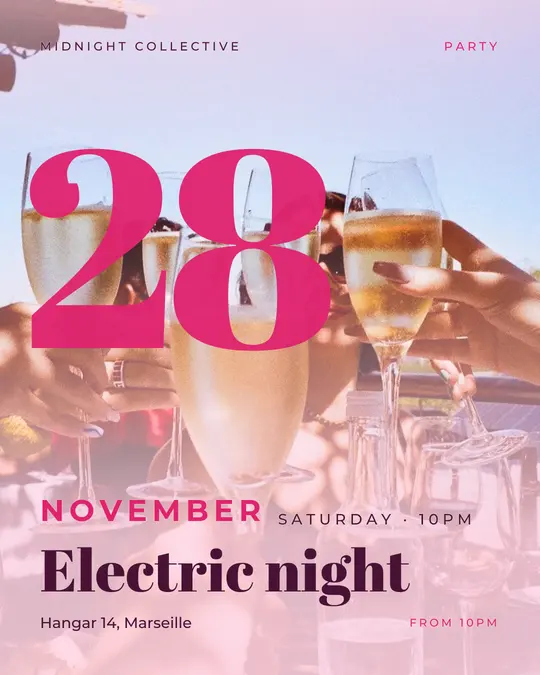 Sample flyer, "Giant date · Candy pink" template, Party & afterwork: "Electric night"