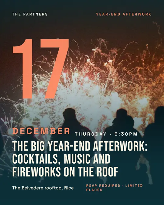 Sample flyer, "Giant date · Teal and coral" template, Party & afterwork: "The big year-end afterwork: cocktails, music and fireworks on the roof"