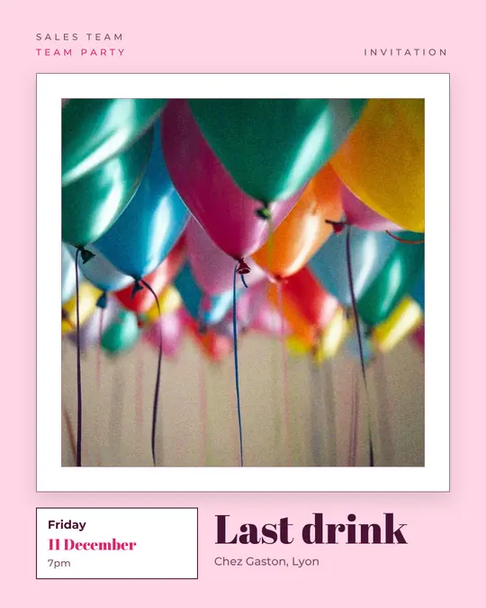 Sample flyer, "Gallery · Candy pink" template, Party & afterwork: "Last drink"