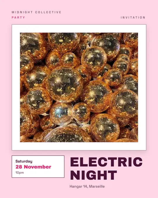 Sample flyer, "Gallery · Candy pink" template, Party & afterwork: "Electric night"