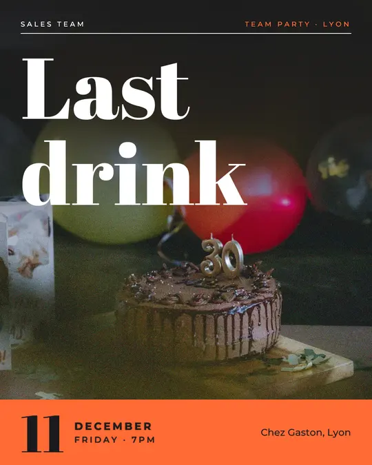 Sample flyer, "Cover · Orange on charcoal" template, Party & afterwork: "Last drink"