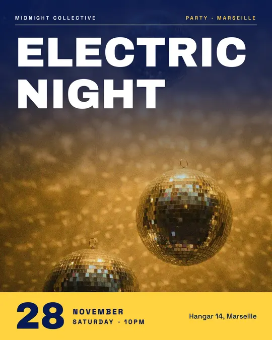 Sample flyer, "Cover · Electric blue" template, Party & afterwork: "Electric night"
