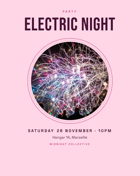 Sample flyer, "Medallion · Candy pink" template, Party & afterwork: "Electric night"