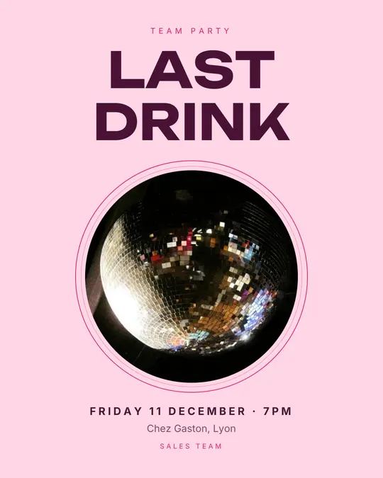 Sample flyer, "Medallion · Candy pink" template, Party & afterwork: "Last drink"
