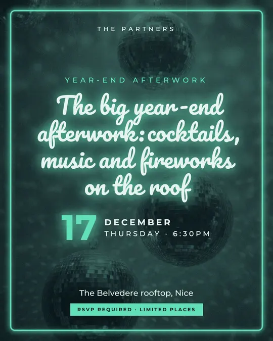 Sample flyer, "Neon · Ink and mint" template, Party & afterwork: "The big year-end afterwork: cocktails, music and fireworks on the roof"