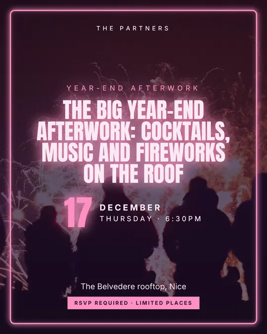 Sample flyer, "Neon · Plum and pink" template, Party & afterwork: "The big year-end afterwork: cocktails, music and fireworks on the roof"