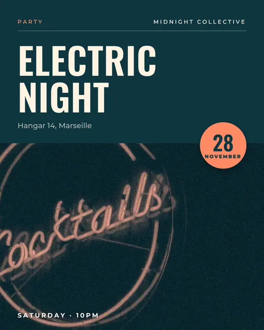 Sample flyer, "Photo foot · Teal and coral" template, Party & afterwork: "Electric night"