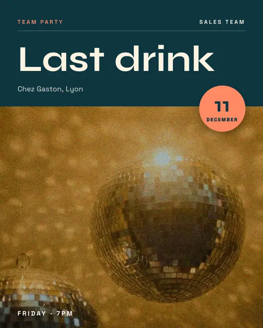 Sample flyer, "Photo foot · Teal and coral" template, Party & afterwork: "Last drink"