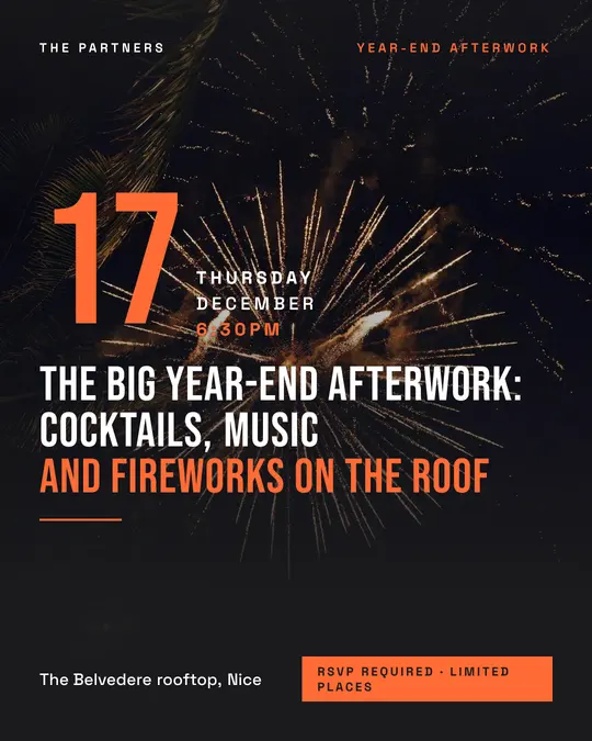 Sample flyer, "Grand poster · Orange on charcoal" template, Party & afterwork: "The big year-end afterwork: cocktails, music and fireworks on the roof"
