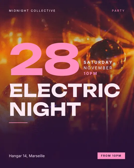 Sample flyer, "Grand poster · Plum and pink" template, Party & afterwork: "Electric night"