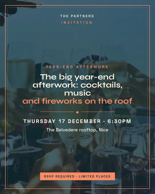 Sample flyer, "Framed card · Teal and coral" template, Party & afterwork: "The big year-end afterwork: cocktails, music and fireworks on the roof"