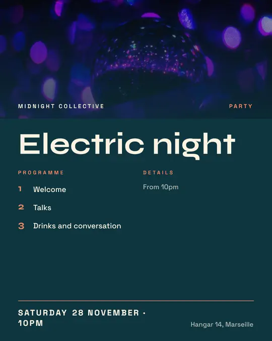 Sample flyer, "Programme · Teal and coral" template, Party & afterwork: "Electric night"