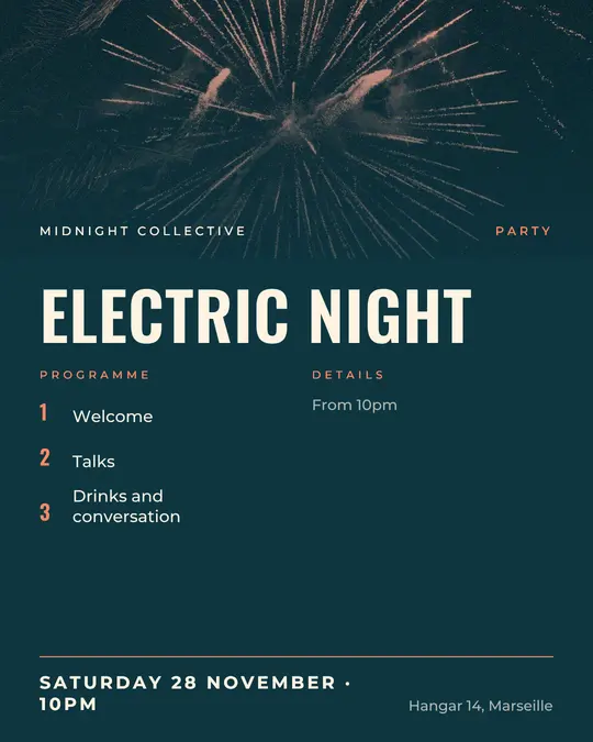 Sample flyer, "Programme · Teal and coral" template, Party & afterwork: "Electric night"