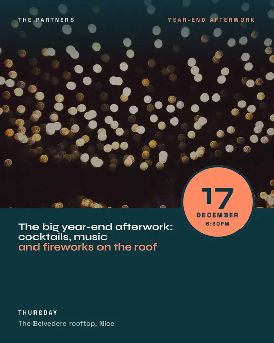 Sample flyer, "Seal · Teal and coral" template, Party & afterwork: "The big year-end afterwork: cocktails, music and fireworks on the roof"