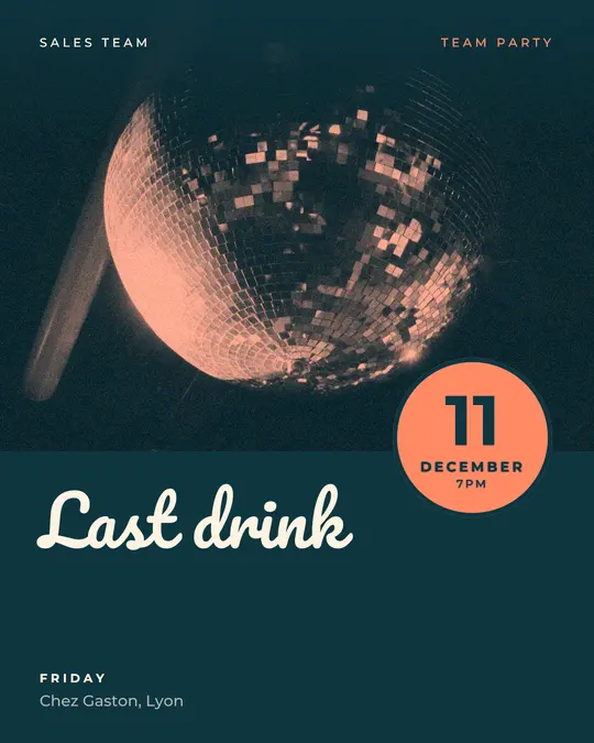 Sample flyer, "Seal · Teal and coral" template, Party & afterwork: "Last drink"