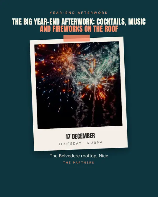 Sample flyer, "Print · Teal and coral" template, Party & afterwork: "The big year-end afterwork: cocktails, music and fireworks on the roof"
