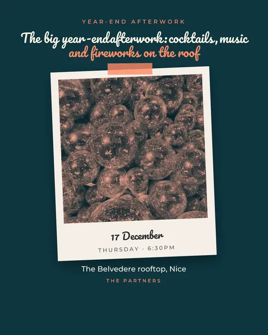 Sample flyer, "Print · Teal and coral" template, Party & afterwork: "The big year-end afterwork: cocktails, music and fireworks on the roof"