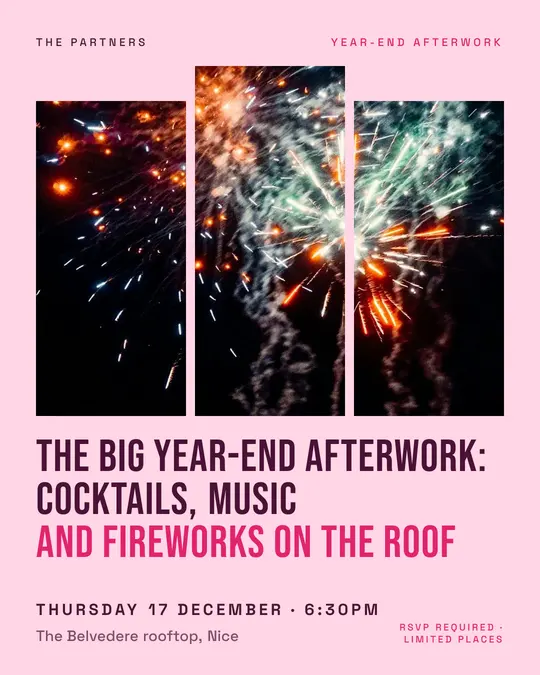 Sample flyer, "Triptych · Candy pink" template, Party & afterwork: "The big year-end afterwork: cocktails, music and fireworks on the roof"