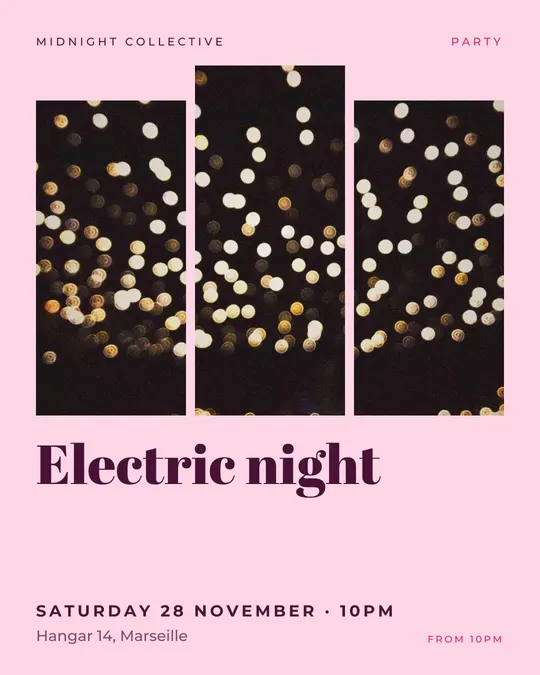 Sample flyer, "Triptych · Candy pink" template, Party & afterwork: "Electric night"