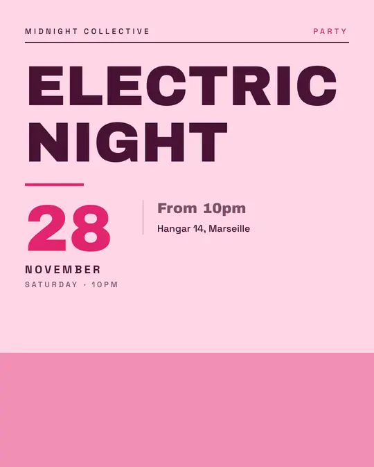 Sample flyer, "Typographic · Candy pink" template, Party & afterwork: "Electric night"