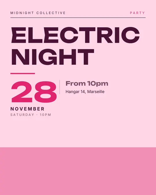 Sample flyer, "Typographic · Candy pink" template, Party & afterwork: "Electric night"