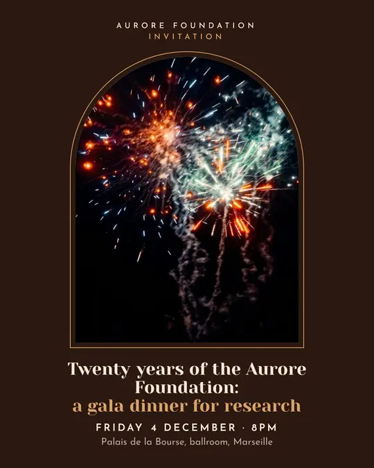 Sample flyer, "Arch · Chocolate and cream" template, Gala: "Twenty years of the Aurore Foundation: a gala dinner for research"