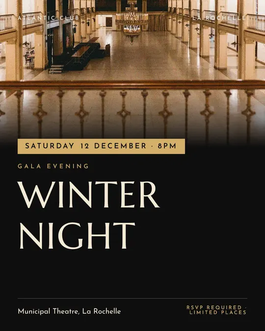Sample flyer, "Banner · Black and gold" template, Gala: "Winter night"
