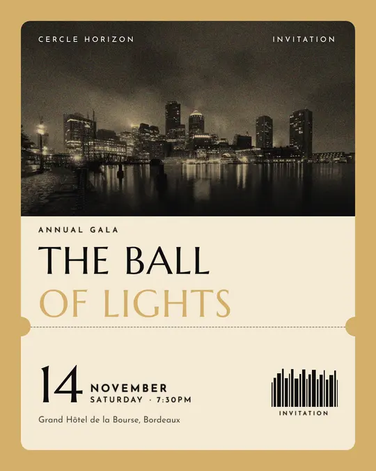 Sample flyer, "Ticket · Black and gold" template, Gala: "The Ball of Lights"