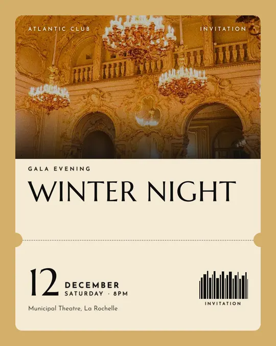 Sample flyer, "Ticket · Black and gold" template, Gala: "Winter night"