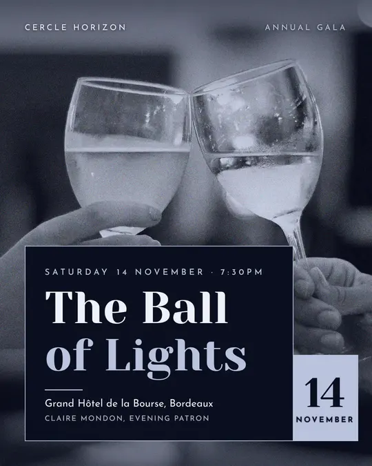 Sample flyer, "Laid card · Silver midnight" template, Gala: "The Ball of Lights"