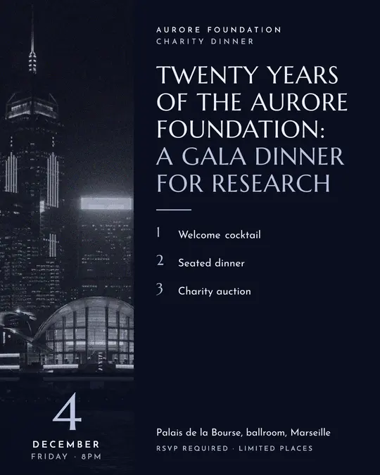 Sample flyer, "Column · Silver midnight" template, Gala: "Twenty years of the Aurore Foundation: a gala dinner for research"