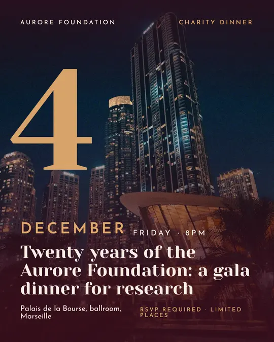 Sample flyer, "Giant date · Burgundy and copper" template, Gala: "Twenty years of the Aurore Foundation: a gala dinner for research"
