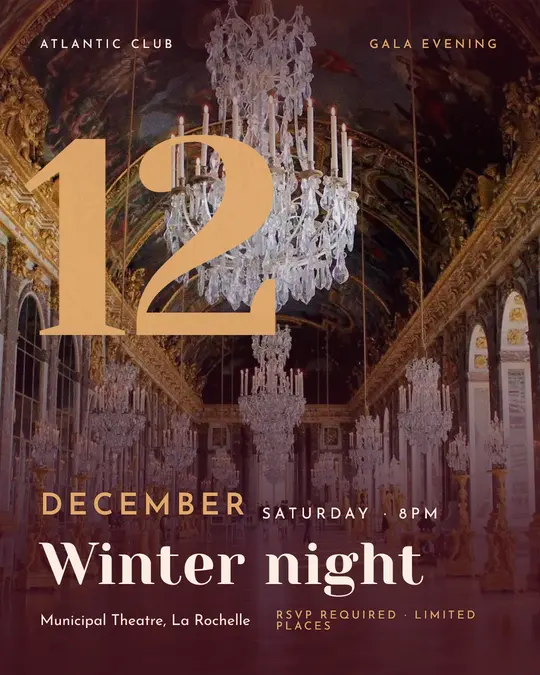 Sample flyer, "Giant date · Burgundy and copper" template, Gala: "Winter night"
