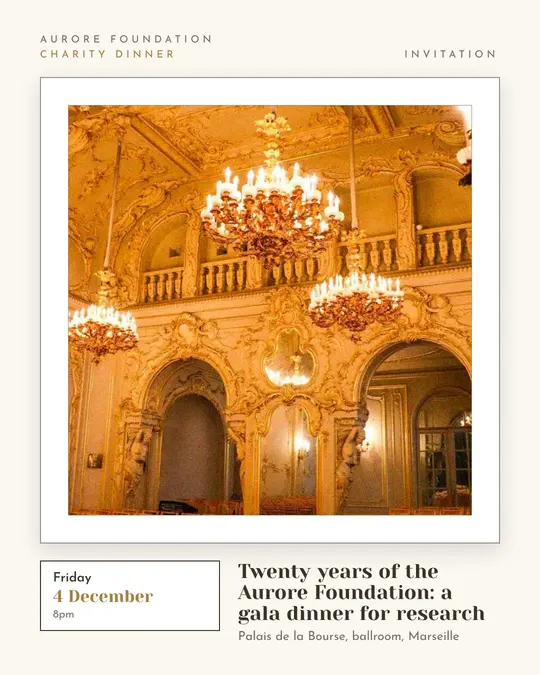 Sample flyer, "Gallery · Golden ivory" template, Gala: "Twenty years of the Aurore Foundation: a gala dinner for research"